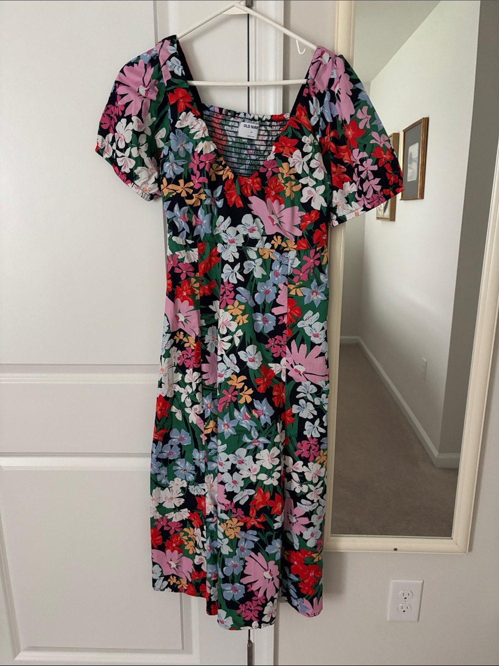 Old Navy Black Floral Midi Dress with Pink, Red and Green